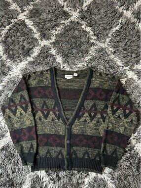 Vintage 80s Campus Geometric Knit Cardigan Sweater Size M Boho Geometric